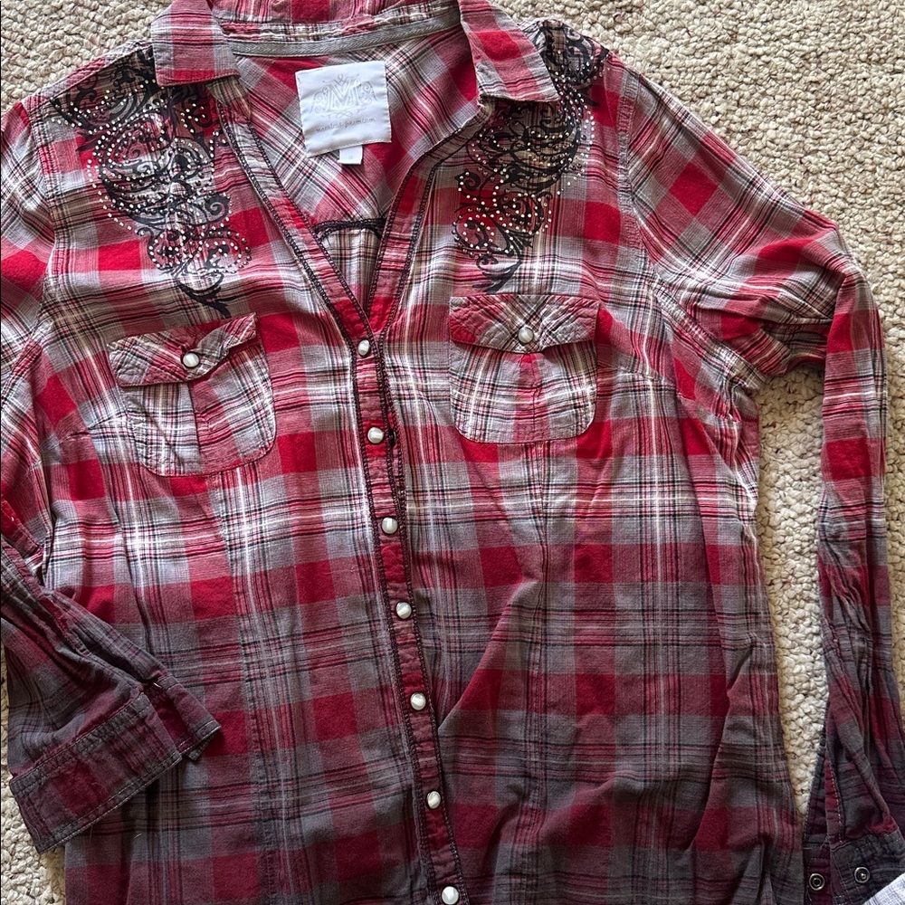 Maurice’s button up LOT! 2x plus size plaid red black grey turquoise teal - Picture 4 of 7